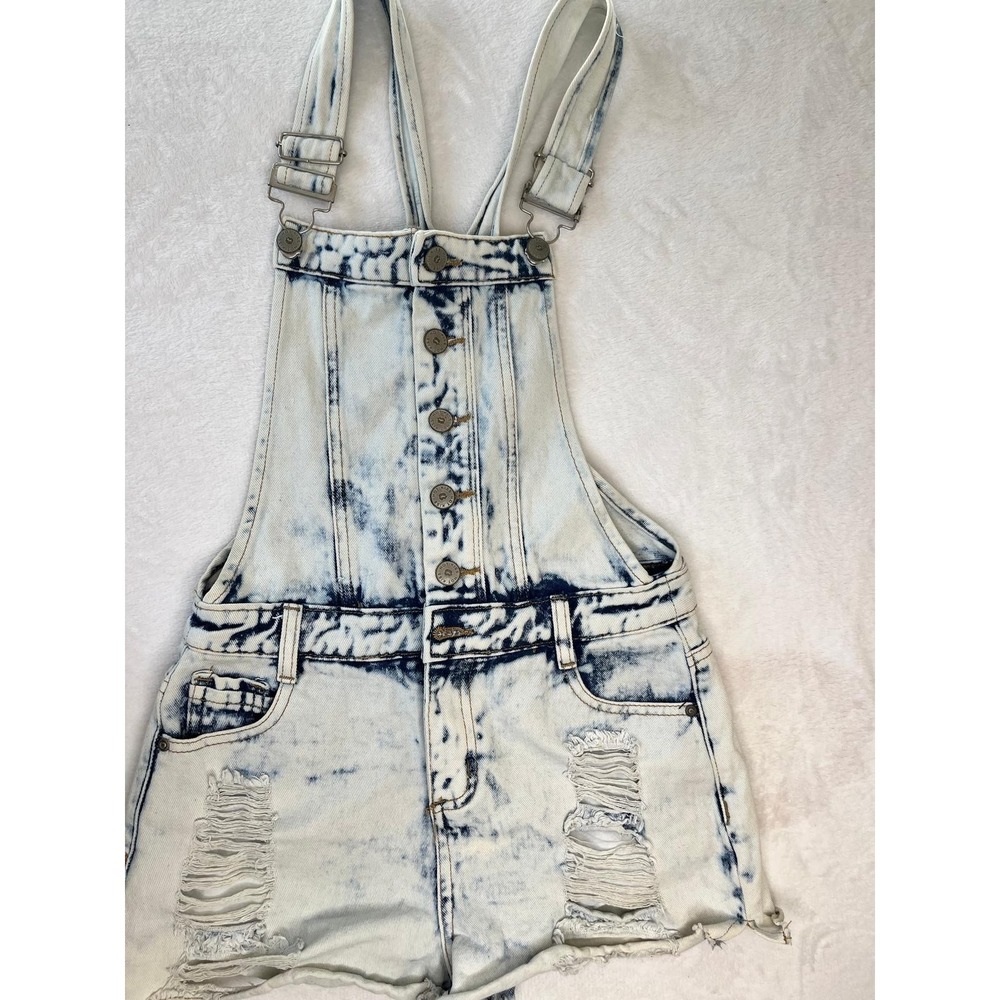 Y2K Acid Wash Denim Overalls Hot Kiss Distressed Romper Shorts Size 1